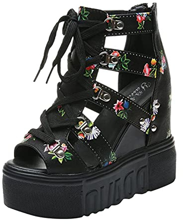 Uwdiohq Las Cuñas Sandalias A Prueba De Agua Plataforma Hollow Ziped Out Zapatos Femeninas Mujeres Sandalia Temporada Mujer (Black, 37) Verano Colores Rehabilitacion Para Plantillas