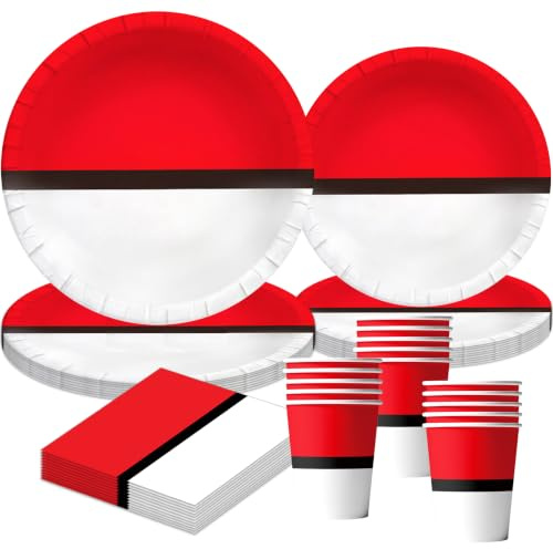 50 Stück Partygeschirr Set,Rot Weiß Pappteller Pappbecher Servietten | Partygeschirr aus Papier,Geburtstag Party Geschirr Set,Geburtstag Geschirr für 10 Gäste
