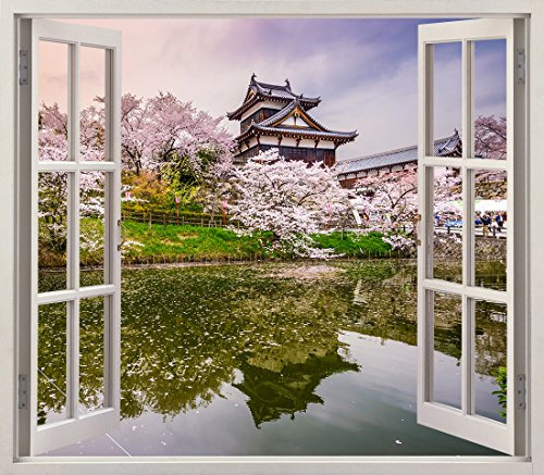 Pegatinas 3D Vinilo ventana Varias Medidas 100x90cm | Adhesivo Incluido | Decoración Habitación | Japón, Nara, Edificio tipico al borde de un Lago | Multicolor | Diseño Elegante