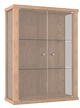 K-Möbel Vetrinetta da Parete (80x60x25cm) – Prodotta in Germania – Vetrinetta Espositiva da Parete con 2 ripiani in vetro ESG regolabili in altezza in rovere Winchester Vetrina Espositiva Collezionism