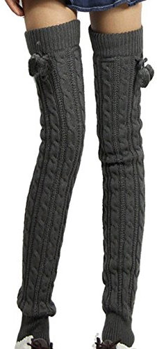 HAHAEMMA Emma Damen Mädchen 1 Paar Bein Stulpen Legwarmer Groben Gestrickt Verdrehte Muster mit Schleife One Size Overknee Winter Beinlinge Flauschig-DG