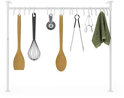 UMBRA Anywhere Küchenreling mit 20 Haken, Küchenutensilienhalter, Relingleiste, höhen-und weitenverstellbare Hakenleiste ohne Bohren, Weiss, Hooks