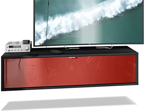 Vladon TV Board Lana 120 Hängeschrank Lowboard 120 x 29 x 37 cm, Made in Germany, Korpus in Schwarz matt, Fronten in Bordeaux Hochglanz | Große Farbauswahl