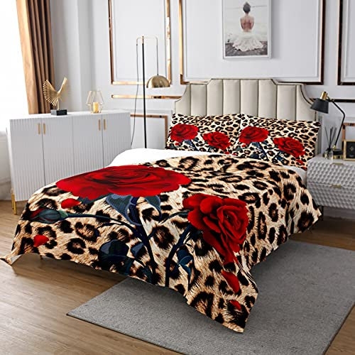 Homewish Rose Blume Gesteppte Coverlet 240×260,Leopard Print Coverlet Set für Kinder Mädchen Frauen,rote Floral Blütenblatt Zweige Bettdecke Camouflage Tier Haut Set mit 2 Kissen-Fälle