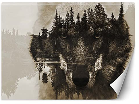 Feeby Wandtapete Fototapete Vlies Wald See Wolf 250x175 cm Grau Modern Tapete Wohnzimmer Schlafzimmer Natur Abstrakt