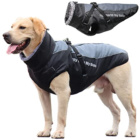 TVMALL Hundejacke Winterweste Winddicht Wasserdicht Hundemantel Kaltwetter Verdicken Warme Mäntel mit Abnehmbarem Geschirr-Design und gefaltetem Pelzkragen, Skianzug für Mittelgroße und Große Hunde