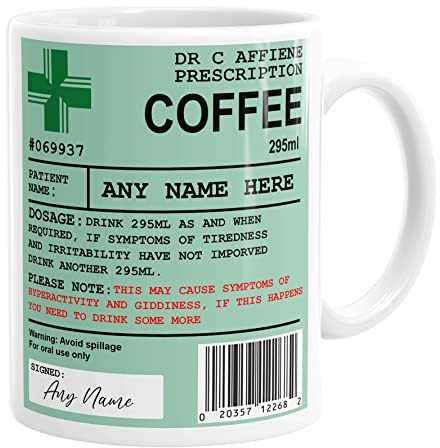 Personalised Prescription Coffee Mug, Funny Coffee Drinker Gift, Custom Name, DR's Medical Note, Cup, Gifts for Mum or Dad, Birthday, Christmas, Novelty Present