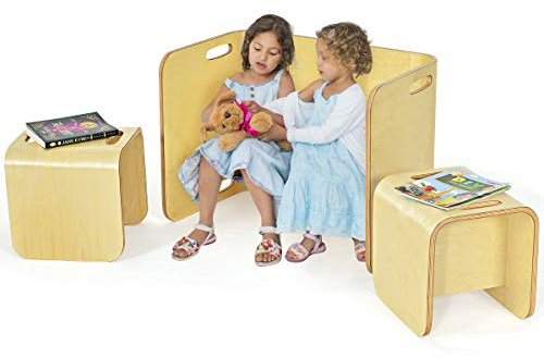 DREAMADE multifunktionaler Kindertisch mit 2 Stühlen, Sitzgruppe für Kinder Kindersitzgarnitur Kindermöbel, 3 TLG. Kindersitzgruppe aus Birkenholz für Kinder für Kinderzimmer, Kindergarten