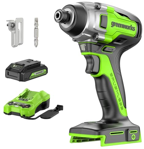 Greenworks Set avvitatore a percussione senza spazzole da 24 V, 2650 pollici, Ibs 3 marce con batteria da 2 Ah e caricatore da 2 A