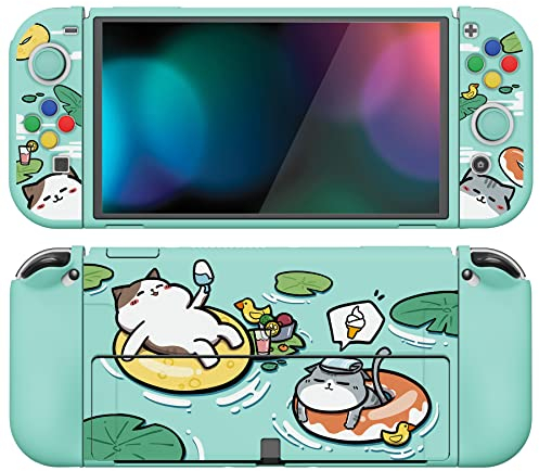 PlayVital ZealProtect Weiche Schutzhülle für Nintendo Switch OLED Konsole Joy con, Case Hülle Cover Zubehör für Nintendo Switch OLED mit Sticks Kappen & ABXY Richtungstastenkappen(Pool-Party-Kätzchen)