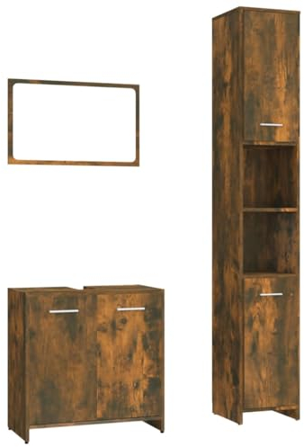 vidaXL Set de Muebles Baño 3 Piezas Armario Alto Tocador Espejo Suspendido Pared Lavabo Almacenamiento Madera Contrachapada Color Roble