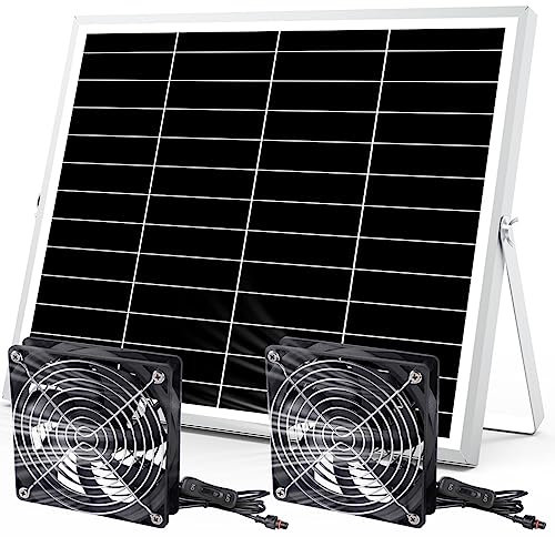 pqins 5 Inch Solar Powered Fan, Solar Exhaust Intake Fan Kit, IPX7 Waterproof Dual Fans with 13Ft On/Off Switch Cable, Cooling Ventilation for Greenhouse, Chicken Coop, Shed, Dog House, Outside