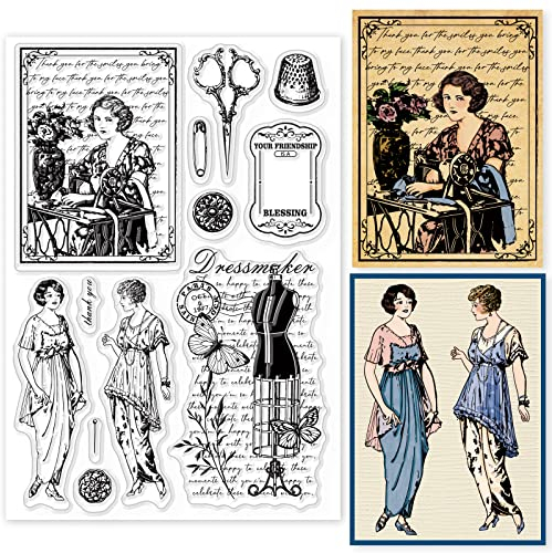 GLOBLELAND Transparente Stempel Mit Vintage-Nähhintergrund Für DIY-Scrapbooking Elegante Dame-Mannequin-Silikon-Stempelsiegel Für Tagebücher Dekorative Karten Fotoalbum