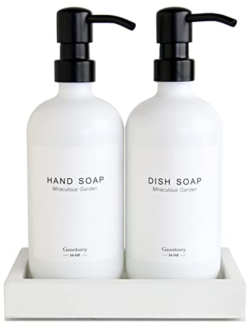 Glass Soap Dispenser with Pump and Concrete Tray | Vintage Soap Dispenser Bathroom and Kitchen Set with Dish Soap, Hand Soap, Lotion Waterproof Labels (White Bottles/White Tary)