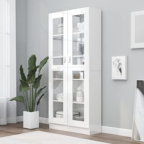 BaraSh Vitrinenschrank Hochglanz-Weiß 82,5x30,5x185,5 cm Holzwerkstoff Vitrinenschrank BüCherschrank Mit GlastüRen BüCherschrank Kredenz