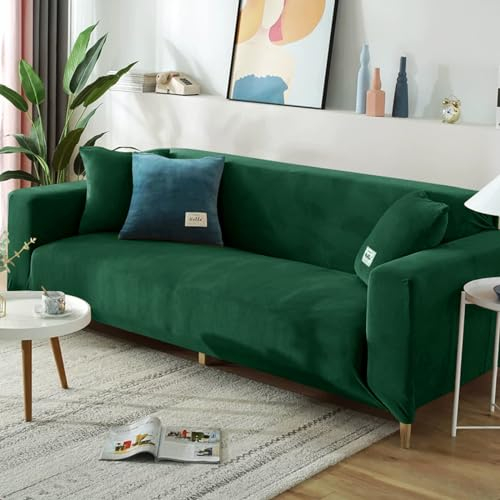 Hearda Sofabezug Stretch 1 2 3 4 Sitzer, Deluxe Plüsch Elastische Antirutsch Couchbezug Waschbar Universal Weich Sofaüberwurf für Sofaüberwurf Möbelschutz (4-Seater,Dunkelgrün)