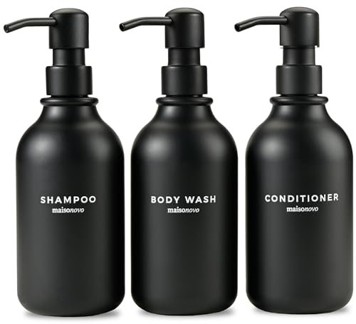 MaisoNovo Distributeur Gel Douche - Distributeur Savon Douche - Lot de 3 flacons en Plastique Noir et Pompes Noires de 500 ML - Flacons de shampoing et revitalisant Rechargeables