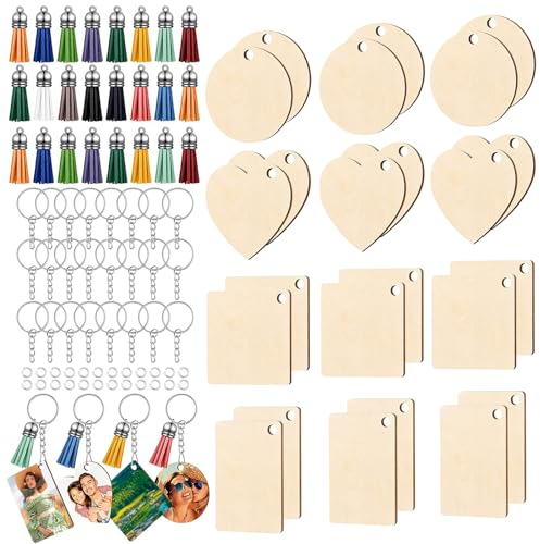 WestCH 96 Stücke Schlüsselanhänger für Holz Personalisierte Holzanhänger Schlüsselanhänger Naturholz Holz Schlüsselanhänger Blanko DIY für Basteln Dekorieren Malerei (4 Formen)