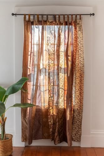 KRAAFTY Sari-Vorhänge aus indischem Seidenmischgewebe, einzigartige Patchwork-Fenstervorhänge für Wohnzimmer und Schlafzimmer, durchscheinende Heimdekoration, 213,4 cm lang, Braun