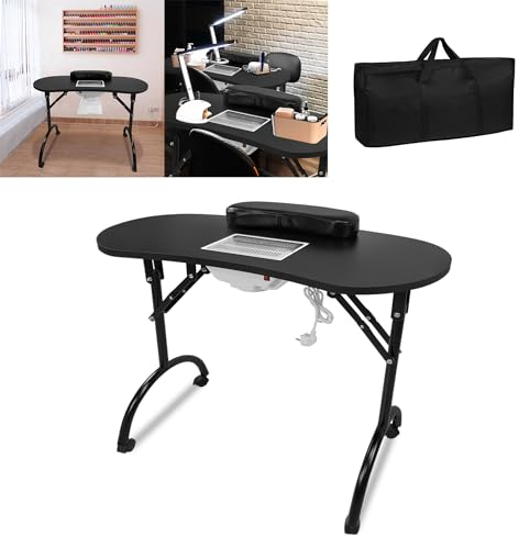 Suusolny Faltbar Nageltisch Maniküretisch mit Staubabsaugung 90 x 44 x 77 cm Nagelarbeitstisch Maniküre-Arbeitstisch Mobilesmanikürtisch Nagelstudio Tisch auf Rädern Schwarz