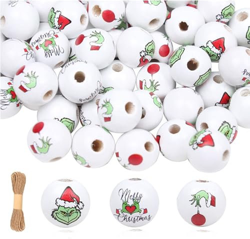 QIUMING 45 Stück Schneemann-Holzperlen Rund Natur Holzköpfe Runde Holzperlen zum Auffädeln Perlen Mit LäChelngesicht für DIY Handgefertigte Dekorationen Basteln Bastelperlen (Elf)
