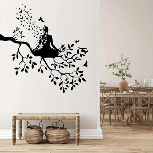 YYZOVBNN Arbre de vie Zen sticker mural décor à la maison mur Art décalcomanie cadeau Yoga mouvement méditation oiseau volant salon Studio Mural