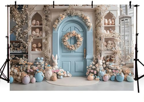 MEHOFOND 7x5ft Easter Backdrop For Photography Spring Blue Door Floral Bunny Colorful Egg Background Children Portrait Baby Shower Cake Smash Birthday Party Decor Photo Studio Props