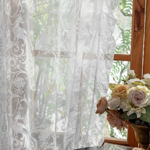 TUDECO Weiße Spitzenvorhänge, 213 cm lang, Vintage-Strick-Spitze, durchscheinende Vorhänge für Wohnzimmer, viktorianische Blume, Rüschen, Lichtfilterung, Privatsphäre, Rüschen, Fensterbehandlung, 2