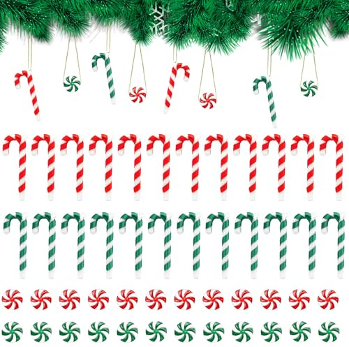 DWE Candy Cane Christmas Decorations, 48 Pcs Red Green Lollipops Candy Canes Christmas Tree Hanging Ornaments Pendant for Christmas Tree Decorations Holiday New Years Home Party Decor