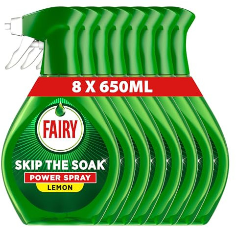 Fairy Skip the Soak Dish Power Spray, Lemon, 8x650ml, Grease Remover & Degreaser for Fast, Effortless Cleaning