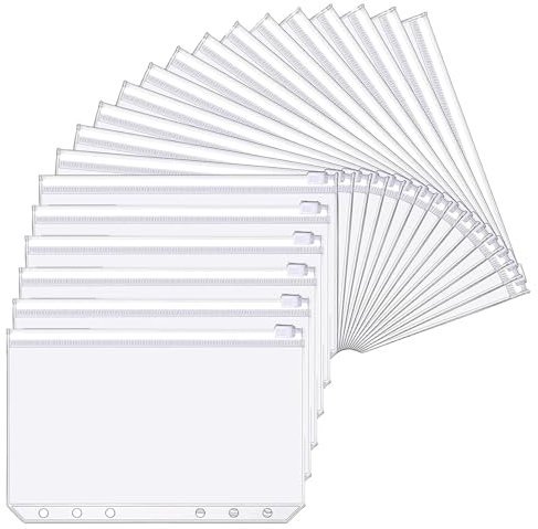 Buste Portadocumenti in Plastica,20 PCS Buste Trasparenti A5 con Cerniera 6 Fori Perforati Universali Bustes in PVC Senza Odore per Money Binder Agenda Risparmio Soldi Cash Stuffing