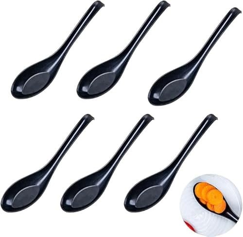 6Pcs Black Soup Spoons Rice Spoons Chinese Won Ton Soup Spoon Asian Ramen Soup Spoon Original Plain Style Spoon Soup Suitable for Restaurants Family Hotels