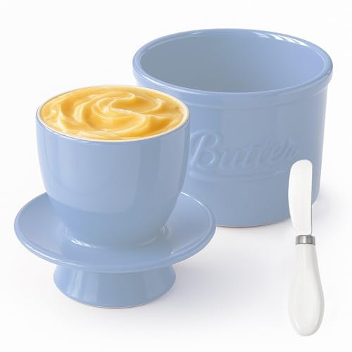 Beurrier Ceramique avec Couteau Beurre - Beurrier à Eau avec Couvercle, Pot à Beurre avec Refroidissement, Pot Beurre Français Porcelaine pour Conserver le Beurre Frais (Bleu, 6 oz)