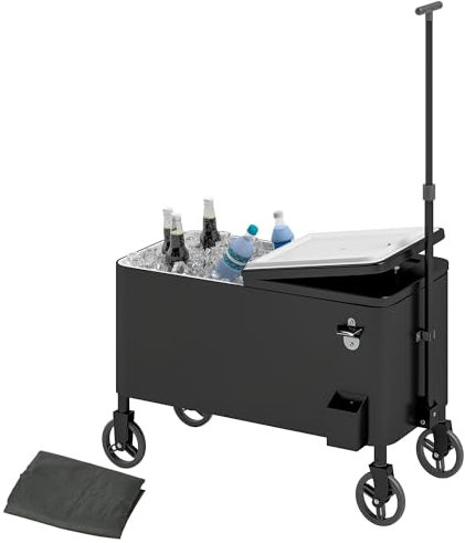 Outsunny 76L Kühlwagen Servierwagen mit Rädern Flaschenöffner Deckel Griffe Fahrbare Kühlbox Beistellwagen Bar Kühlbehälter Getränkewagen für Outdoor Terrassen Party Weiß