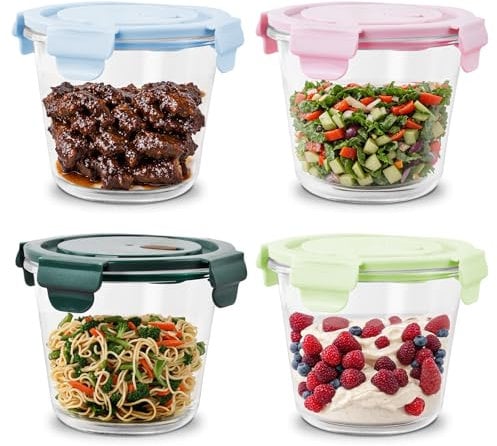 Dewocke 4PCS Round Glass Soup Containers With Lids, 710ml Glass Meal Prep Containers, Round Heat Resistant Leak Proof Food Container, Meal Prep Containers Freezer Microwave Safe
