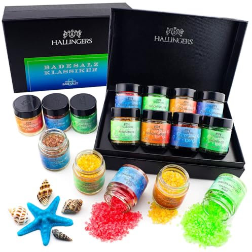 Hallingers Badesalz Klassiker - Blue - 8 Sorten Badesalz Geschenk-Set mit Totes Meer-Salzen, 8 Badesalze Set in Schraubläsern und Box (Set) - Geschenkideen Weihnachten & Geschenke Adventskalender | Ge
