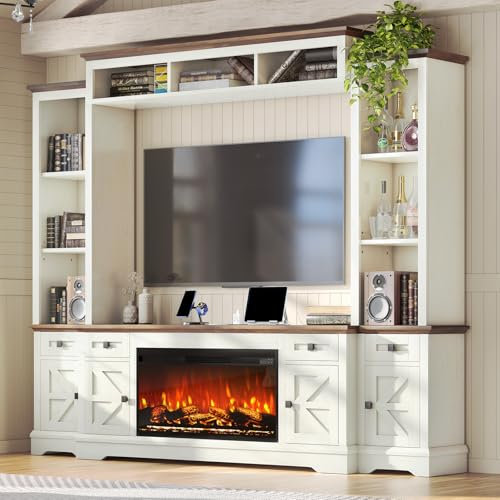 AMERLIFE 98in Farmhouse Entertainment Center with 36 Fireplace, TV Stand, Bookshelf, Wine Cabinet, Fits 75 TVs, Wall Unit Media Console with Power Outlets & Barn Doors, Living Room, Off-White