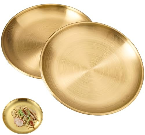 2 bandejas doradas, platos para velas, bandeja dorada, bandeja dorada, bandeja redonda, 20 cm, acero inoxidable, plato decorativo dorado, para joyas, maquillaje, té, jarrones, platos de velas, dorado
