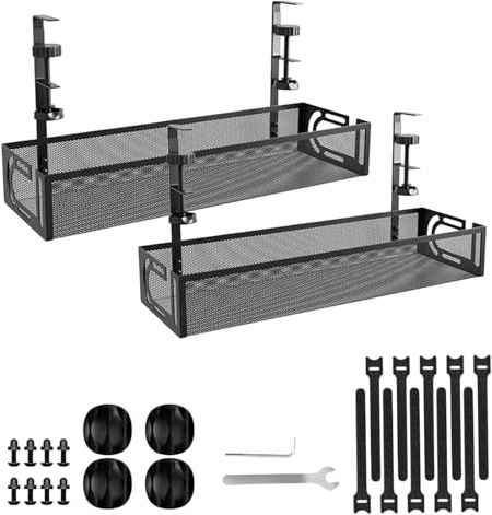Under Desk Cable Management Tray No Drill Metal Mesh Cables Organiser with Clamp Mount Wire Management Tray for Cords Power Strips Cord Organizer, Wire Organizer for Homes, Offices (2Pcs, Black)