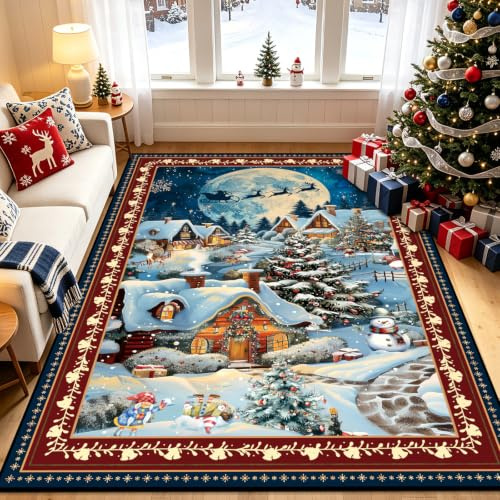 GEANUP Weihnachtsteppich Wohnzimmer 120x180 cm Waschbarer Teppich Rot Blau | Weicher Weihnachten Stadt Teppich, Kurzflor Rutschfest Teppich für Schlafzimmer Esszimmer Küche Kinderzimmer Spielzimmer