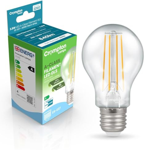 Crompton Lamps LED Ultra-Efficient GLS 3.8W ES-E27 Dimmable A-Class (60W Equivalent) 3000K Warm White Clear 860lm ES Screw E27 A-Rated Light Bulb