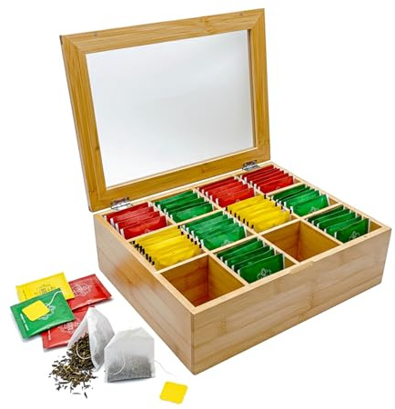 AH® Teebox aus Bambus mit 12 Fächern – Teekiste zur Teebeutel Aufbewahrung mit Sichtfenster & Magnetverschluss, HBT: 9 x 29 x 24 cm, Natur