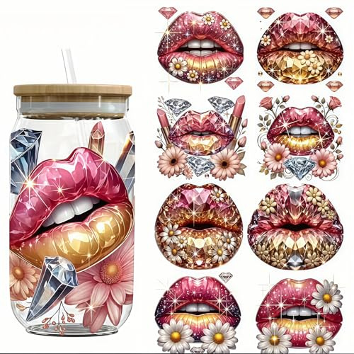 4pcs Diasy Sexy Crystal Lips Flower UV DTF Cup Wraps Transfer Waterproof Sticker for Glass Cups Furniture Craft DIY Crafts，Rub on Transfer Stickers for DIY Water Bottle Laptop Decal Wood Car