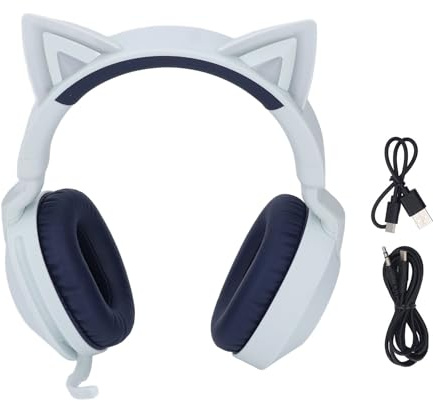 lvifloae Katzenohr-Kopfhörer mit LED-Leuchten, kabelloses Bluetooth 5.4 und kabelgebundenes 3,5-mm-AUX, faltbares Gaming-Headset mit Mikrofon und Lautstärkeregler für Kinder, Teenager, (Blau)