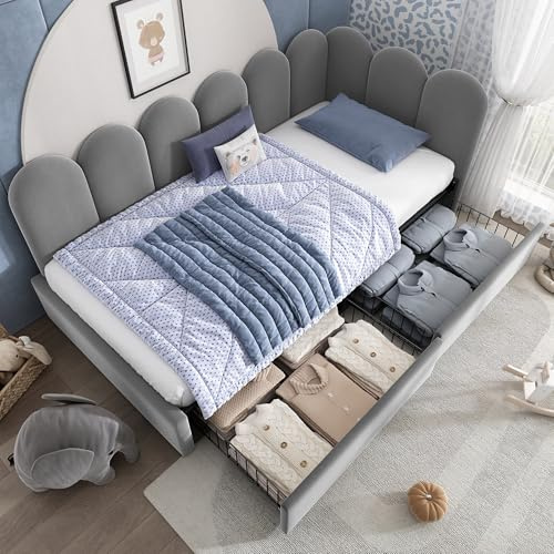 ModernLuxe Stylish 3FT Single Bed Frame with Drawers Storage, Elegant Upholstered Day Bed, Perfect for Adults and Children, Sturdy Metal Slatted Frame, No Mattress, Velvet, Grey, 90x190cm
