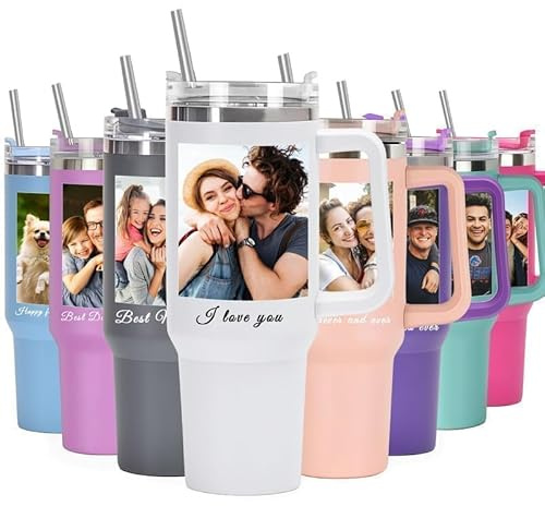 toyofmine Vaso personalizado de 40 oz con asa y pajita | Taza personalizada con nombre y foto, vaso de café de viaje de acero inoxidable