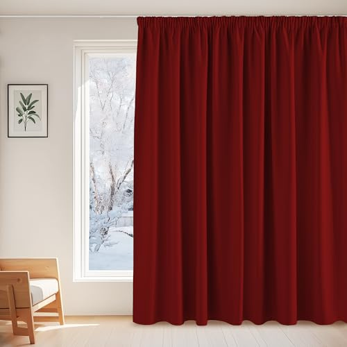 PONY DANCE Rote Blickdichte Gardine für Schiene Thermovorhang Kälteschutz | 1er Set, H245 x B300 cm, Extra Breite Vorhänge Abdunkelnd, mit Kräuselband für Schienensystem, für Schlafzimmer Wohnzimmer