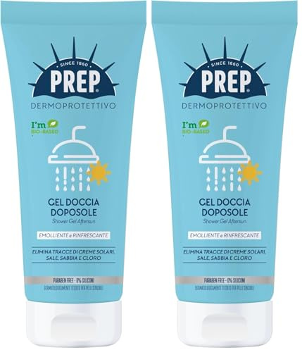Prep, Gel Doccia Doposole Dermoprotettivo, Emolliente e Rinfrescante, Con Aloe Vera, Elimina Tracce di Creme Solari, Sale, Sabbia e Cloro, Per Pelli Sensibili, Senza Parabeni e Siliconi, 250ml
