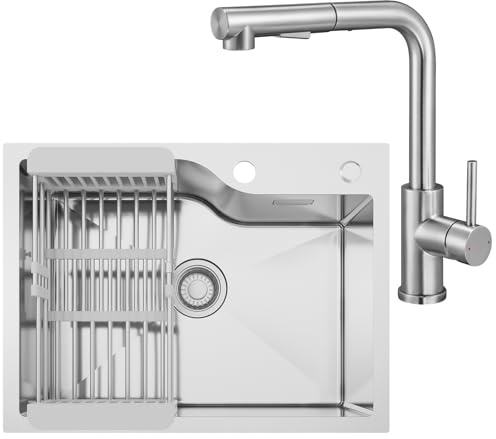 CECIPA Évier Cuisine 60x45 cm, Évier décalé à capacité étendue, Inox | Montage Encastré Ou Supérieur, Avec Panier de Vidange, Robinet Cuisine Douchette, Siphon et évacuation, Pour meuble 60 cm+