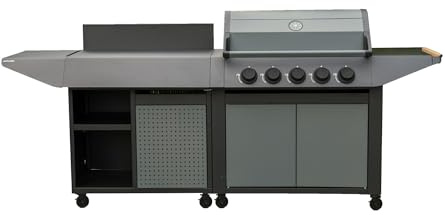 Cocina de Exterior BURN 80 PREMIUM con Barbacoa de Gas de 5 Quemadores y Aparador, Plancha y Parrilla, 14 kW, 232 x 60 x 112 cm